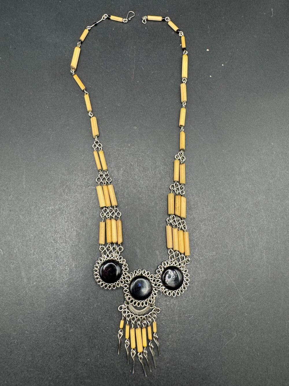 Vintage Tribal Handmade Bamboo Black Purple Silver Tone Multistrand Necklace